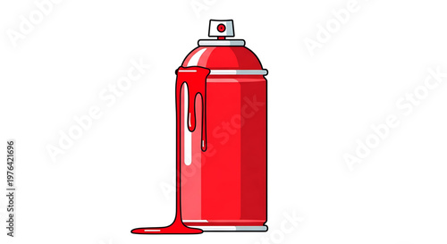 A vibrant red spray paint can with dripping paint on a clean white background
