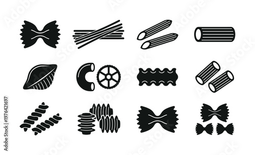 A set of various pasta types icons. A black vector illustration for a restaurant menu, food packaging, or culinary website. Italian cuisine symbols.