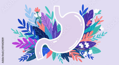 Stomach anatomy, colorful floral illustration, digestive system, human organ, medical vector
