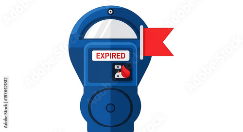A blue parking meter with an expired sign and red flag on a white background
