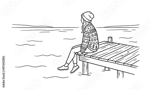 A woman in a cozy sweater sits on a pier, gazing at the water. Vector illustration of solitude, peace, and contemplation. Perfect for travel or lifestyle concepts.