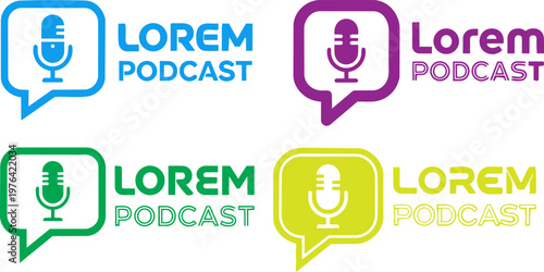 Podcast logo icons, colorful speech bubbles, microphone symbols, vector graphics, branding elements