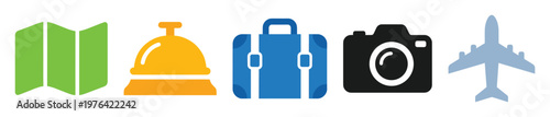 A set of colorful flat design icons for travel and tourism concepts. Includes map, hotel bell, luggage, camera, and airplane. Perfect for web design and apps.