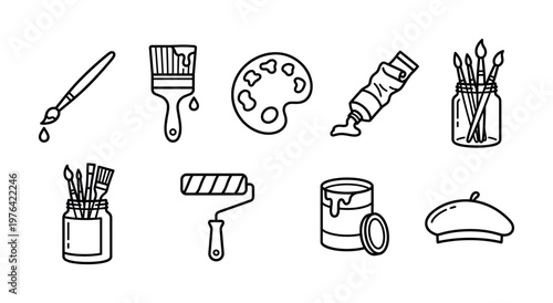 A set of artist tools line icons for creative projects. Includes paintbrush, palette, roller, and paint symbols. Perfect vector graphic for web design, apps, and art blogs.