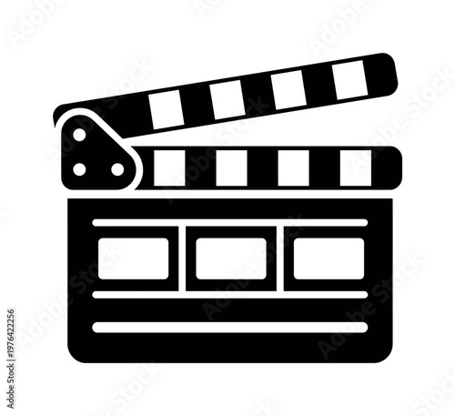 Simple black movie clapperboard icon for filmmaking. A flat vector symbol for cinema, video production, entertainment, or film industry web and app design.