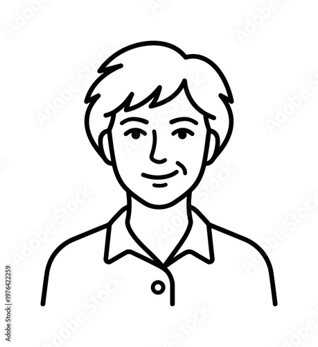Minimalist vector icon of a mature woman. Simple line art portrait illustration for avatars, user profiles, or representing a friendly character like a mom or teacher.