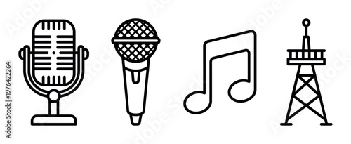 A set of four black line icons for music, radio, and podcasting. Includes microphones, a musical note, and a broadcast tower. Minimalist vector illustration.