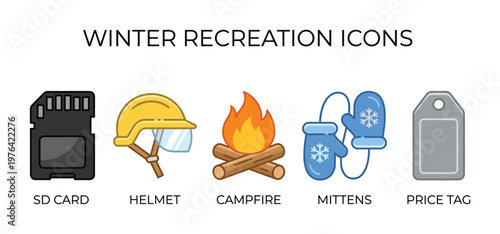 Set of five colorful vector icons for winter recreation. Includes SD card, helmet, campfire, mittens, and price tag. Flat design style for web and print.