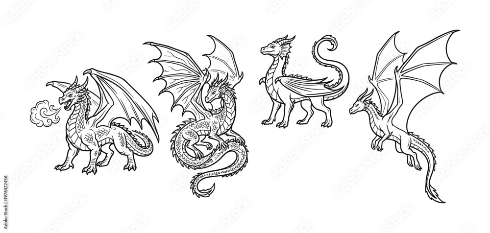 Obraz premium A set of mythical dragon line art illustrations. Fantasy creatures for tattoos, coloring books or emblems. Black and white vector graphic monster collection.