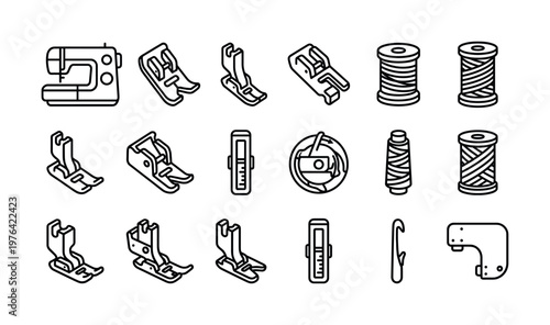 A collection of sewing equipment line icons. Includes sewing machine, presser feet, and thread. Perfect for crafting, tailoring, or hobby infographics.