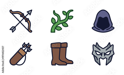 A set of fantasy RPG icons for a ranger or rogue character. Includes bow, arrow, quiver, hood, and mask. Perfect for gaming, apps, and web design.