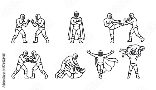 A set of Lucha Libre wrestler icons in various fighting action poses. This minimalist vector collection is perfect for sports design, cultural events, or graphic elements.