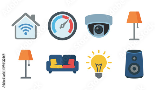 Set of smart home technology icons. Includes security camera, speaker, lighting, and wifi control. Flat vector illustration for web, app, or infographic design.