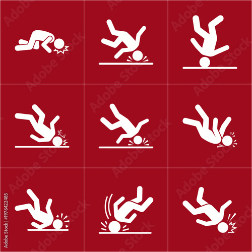 A set of white icons showing different ways a soccer player can fall to the ground, set against a bold red background, highlighting the risks and hazards of the sport in silhouette mode.