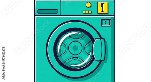A vibrant teal washing machine icon with a modern flat design and yellow accents