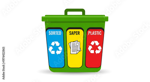 A green recycling bin with three compartments for sorted, saper, and plastic waste