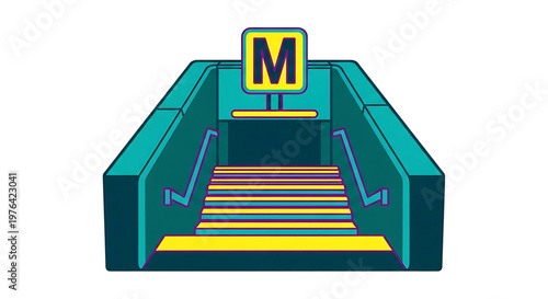A colorful vector graphic illustration of a metro escalator with a prominent M sign