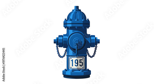 A blue fire hydrant with a chain and a number plate on a white background