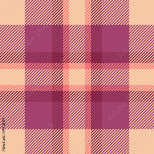 Doodle check background textile, customized tartan texture fabric. Intense plaid vector seamless pattern in pink and orange colors.