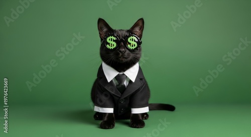 Black cat in suit with dollar sign glasses on green background