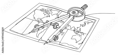 Single line drawing of a drafting compass and world map for cartography and architectural planning