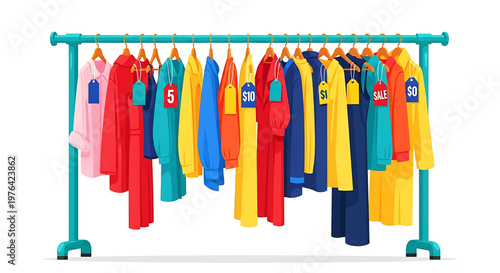 A colorful illustration of clothes hanging on a rack with sale tags