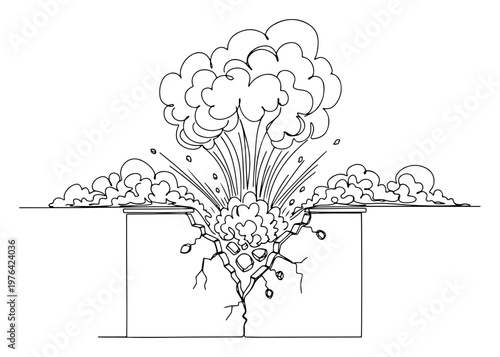 Continuous one line drawing of a powerful volcanic explosion or burst of energy