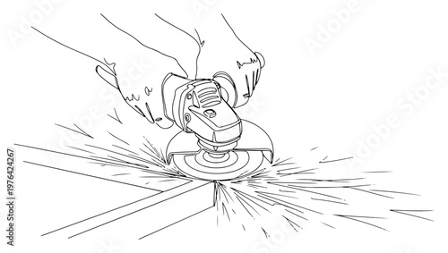Detailed one line drawing of an angle grinder cutting metal with flying sparks