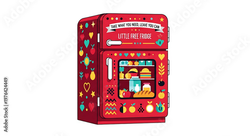 A colorful illustration of a small red fridge with a sign that says take what you need leave what you can