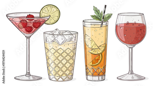 An illustration of four different cocktails on a white background