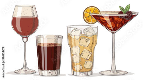 An illustration of four different glasses of drinks on a white background