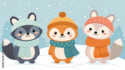 Three cartoon raccoons and foxes wearing winter clothing in a snowy landscape