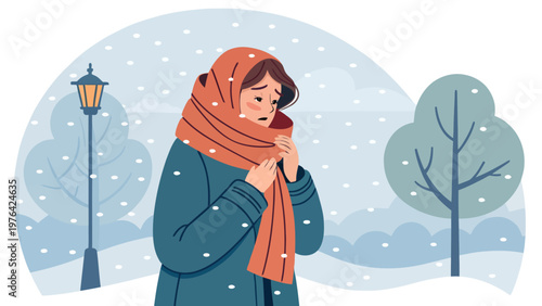 A woman stands alone in a snowy landscape, wrapped in a warm coat and scarf on a cold winter day.