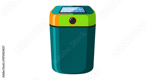 A colorful vector graphic of a solar powered trash can with a modern design