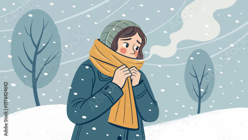 A cartoon woman stands in a snowy landscape, shivering and wrapped in a warm coat and scarf.