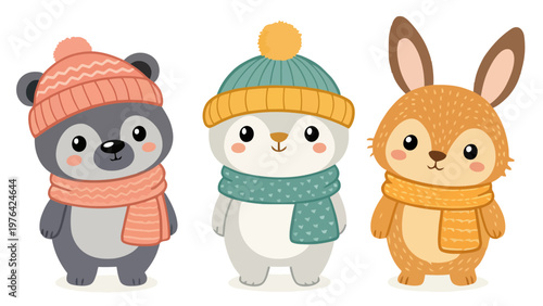 Three cartoon animals wearing winter hats and scarves standing together on a white background