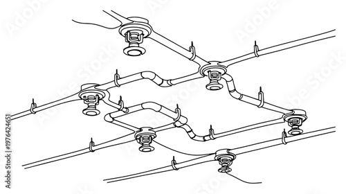 Continuous line drawing of fire sprinkler system with pipes and ceiling nozzles