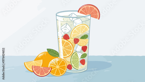 A refreshing glass of infused water with slices of citrus fruits and ice cubes on a light blue surface