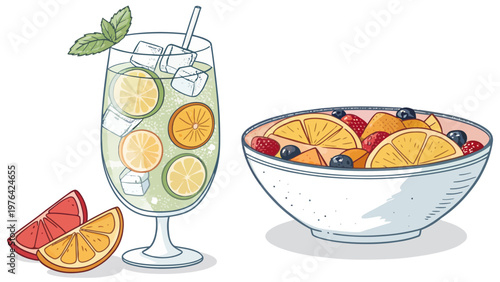 A refreshing glass of citrus drink and a bowl of fresh fruit on a white background
