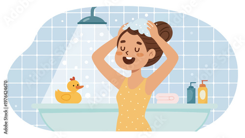 A cartoon woman washing her hair in a bathtub with a rubber duck