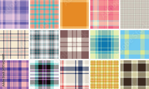 Seasonal plaid set winter inspired palettes. Cozy tartan designs support holiday campaigns. Seamless vector repetition avoids breaks.