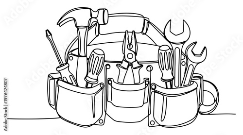One line drawing of a leather tool belt organizer with various repair equipment