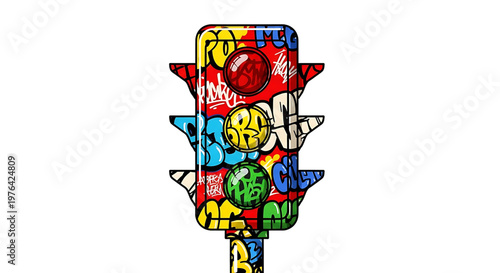 A colorful graffiti covered traffic light on a white background