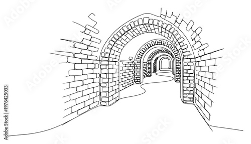 Perspective view of arched brick tunnels in a continuous line drawing style