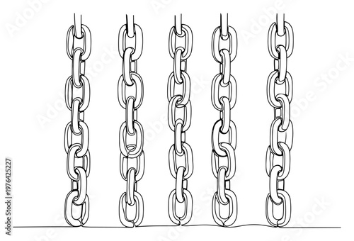 One line art of several vertical metal chains hanging down
