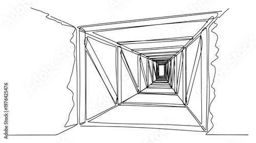Perspective view of a long metal ventilation duct drawn in continuous line art