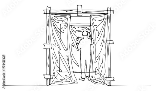 Single line art of a worker viewed through a plastic protective sheet on a construction site