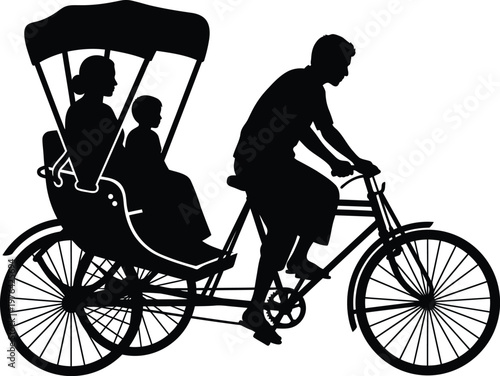 Silhouette of a rickshaw driver with passengers and a lone tree on a white background child