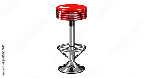 A vector graphic illustration of a red and chrome bar stool with a minimalist design