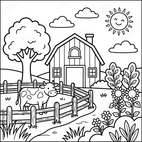 Cute farm scene with a cow in a pen and a barn vector
